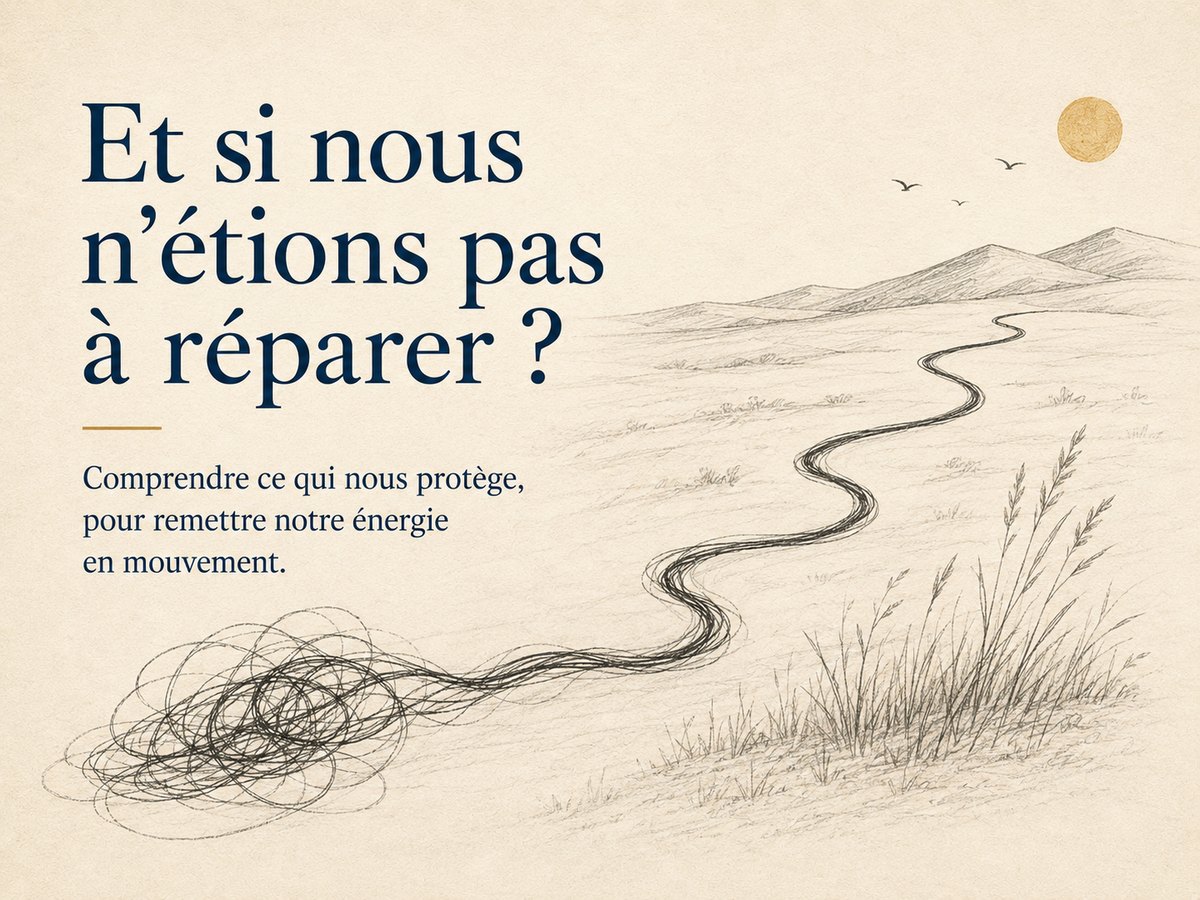 Un trait emmêlé se transforme progressivement en chemin vers un paysage ouvert.