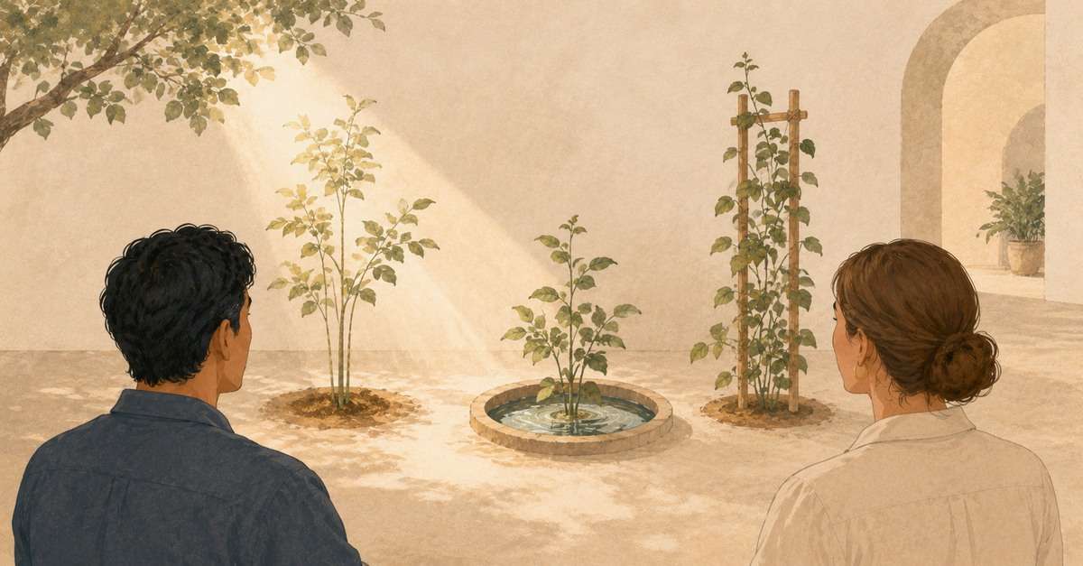 Deux personnes observent trois plantes qui se développent grâce à des conditions différentes : lumière, eau et appui.